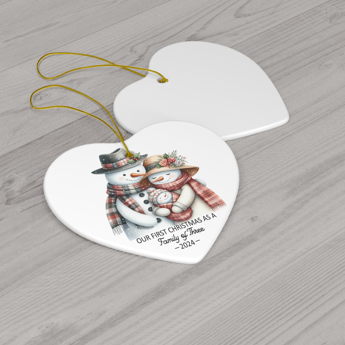 First Christmas as a Family of Three 2024 Ornament, Heart Shaped Ceramic Snowman New Baby Girl Family Keepsake