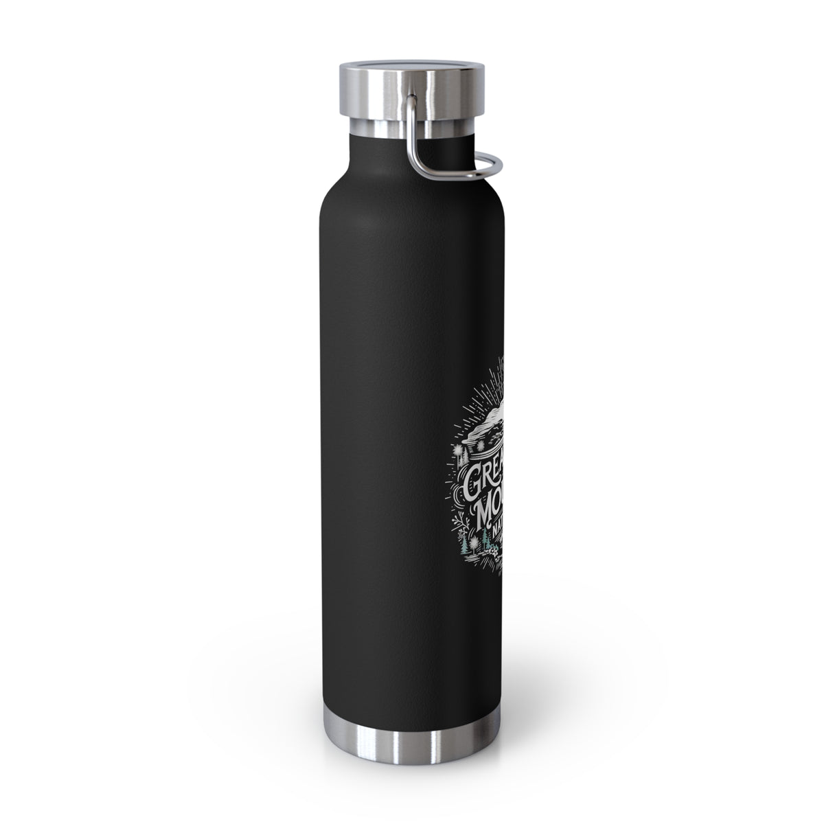 Image of an insulated souvenir bottle featuring a nature-themed design with the text "Great Smoky Mountains National Park, Tennessee & North Carolina."