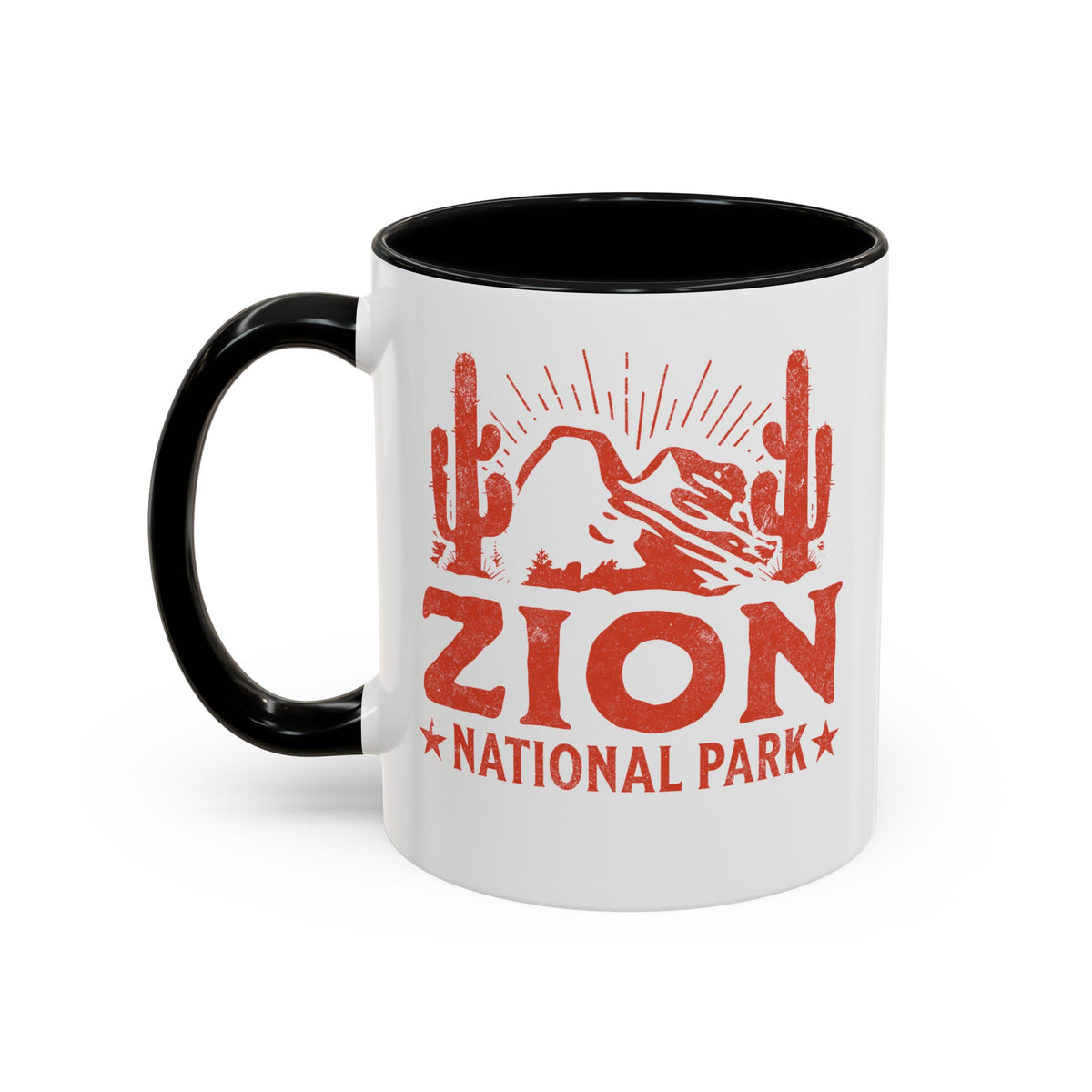 11 oz ceramic mug with black contrasting handle featuring a cactus design of Zion National Park, perfect as a souvenir.