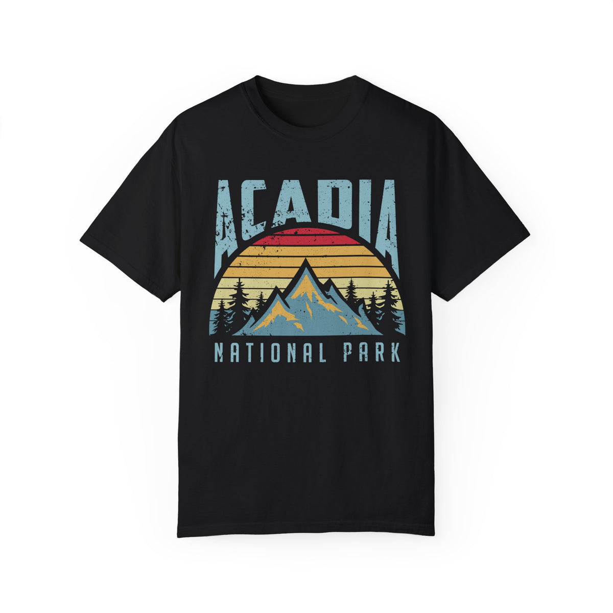 Acadia National Park T-shirt featuring a graphic design with mountains, trees, and a sunset, with "Acadia" text.