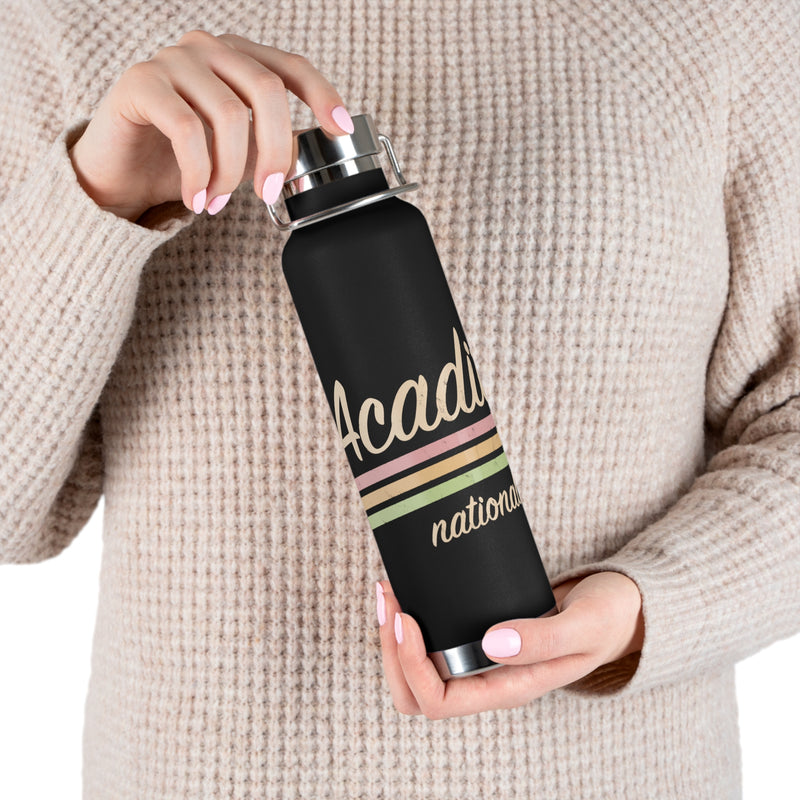 Stainless steel water bottle featuring an Acadia National Park design with retro stripes and durable powder-coated finish.