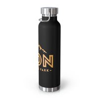 Image of a stainless steel water bottle featuring a mountain design from Zion National Park in Utah.