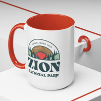 15 oz ceramic mug with red contrasting handle featuring an established 1919 design of Zion National Park, perfect as a souvenir.