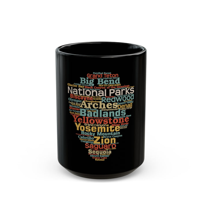 Ceramic souvenir mug featuring a scenic national park design, displayed on a kitchen counter.