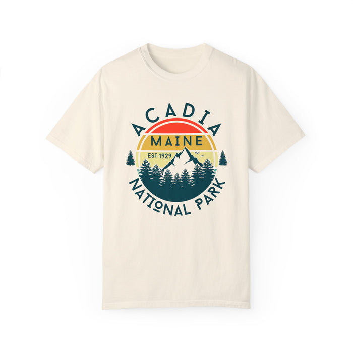 T-shirt with Acadia National Park graphic, showcasing a mountain and forest scene with the text "Acadia Maine EST 1929."