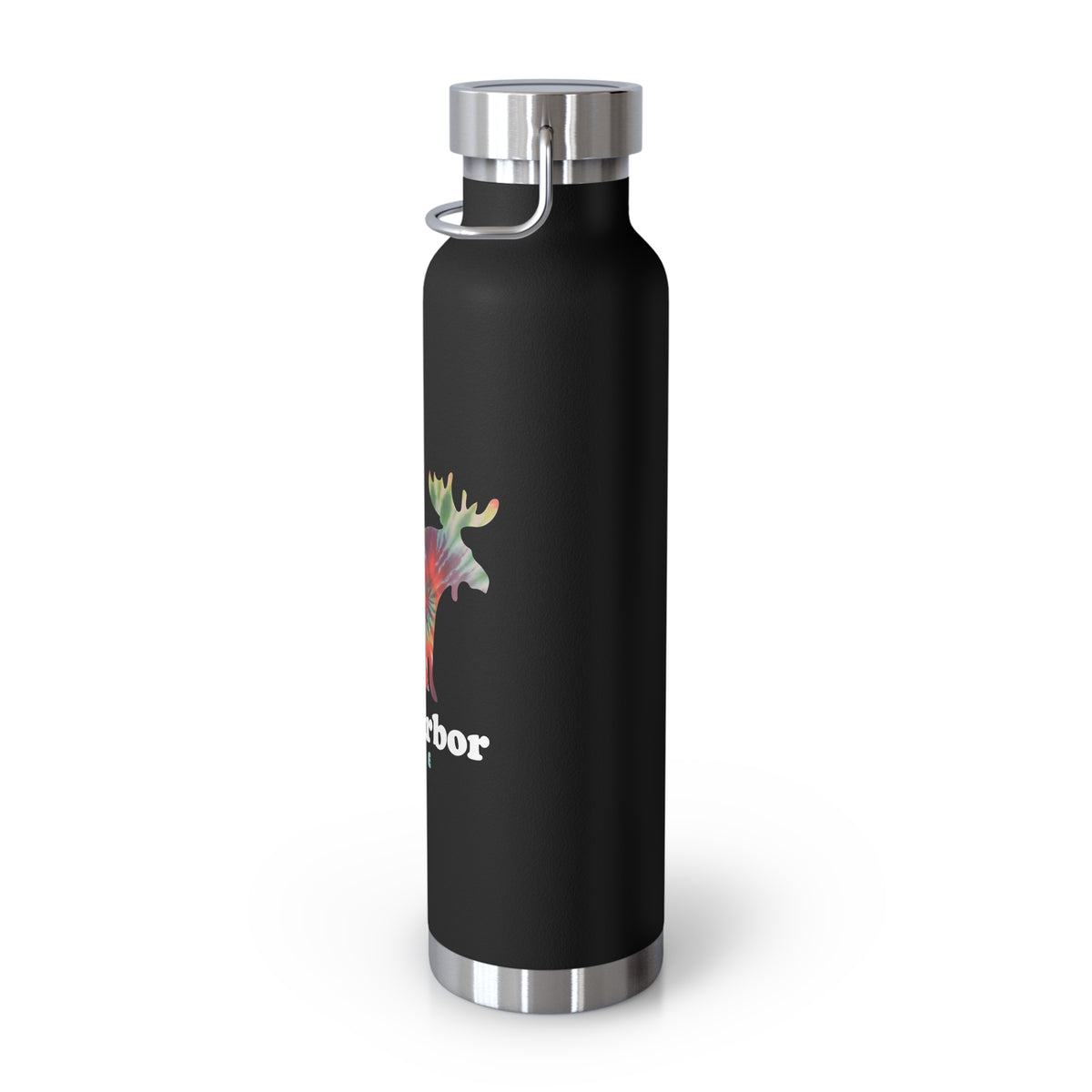 Stainless steel water bottle featuring a Bar Harbor, Maine design with a tie-dye moose illustration, durable powder-coated finish.