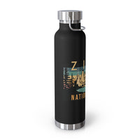 Image of a stainless steel water bottle featuring a vintage design from Zion National Park in Utah.