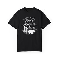 A T-shirt featuring a design with a bear, trees, and mountains, and text reading "I'd Rather Be in the Smoky Mountains."