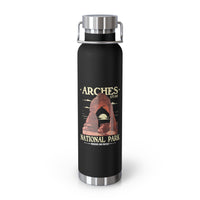 Image of a stainless steel water bottle featuring a design from Arches National Park in Utah.