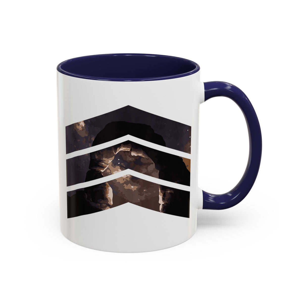 11 oz ceramic mug with navy handle featuring a mountain design with three chevrons, representing Arches National Park.