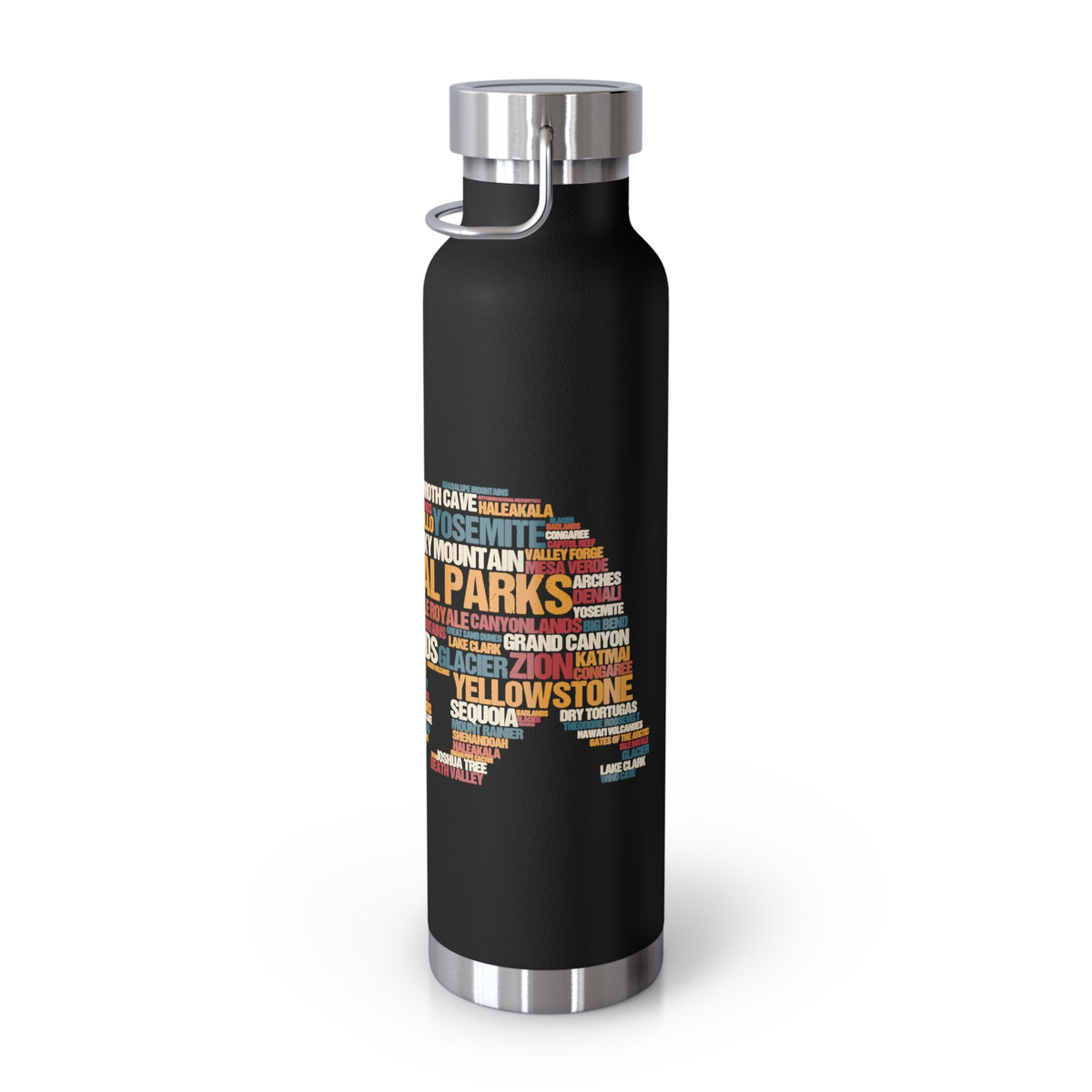 22oz vacuum insulated stainless steel water bottle with a word cloud design featuring names of various national parks.