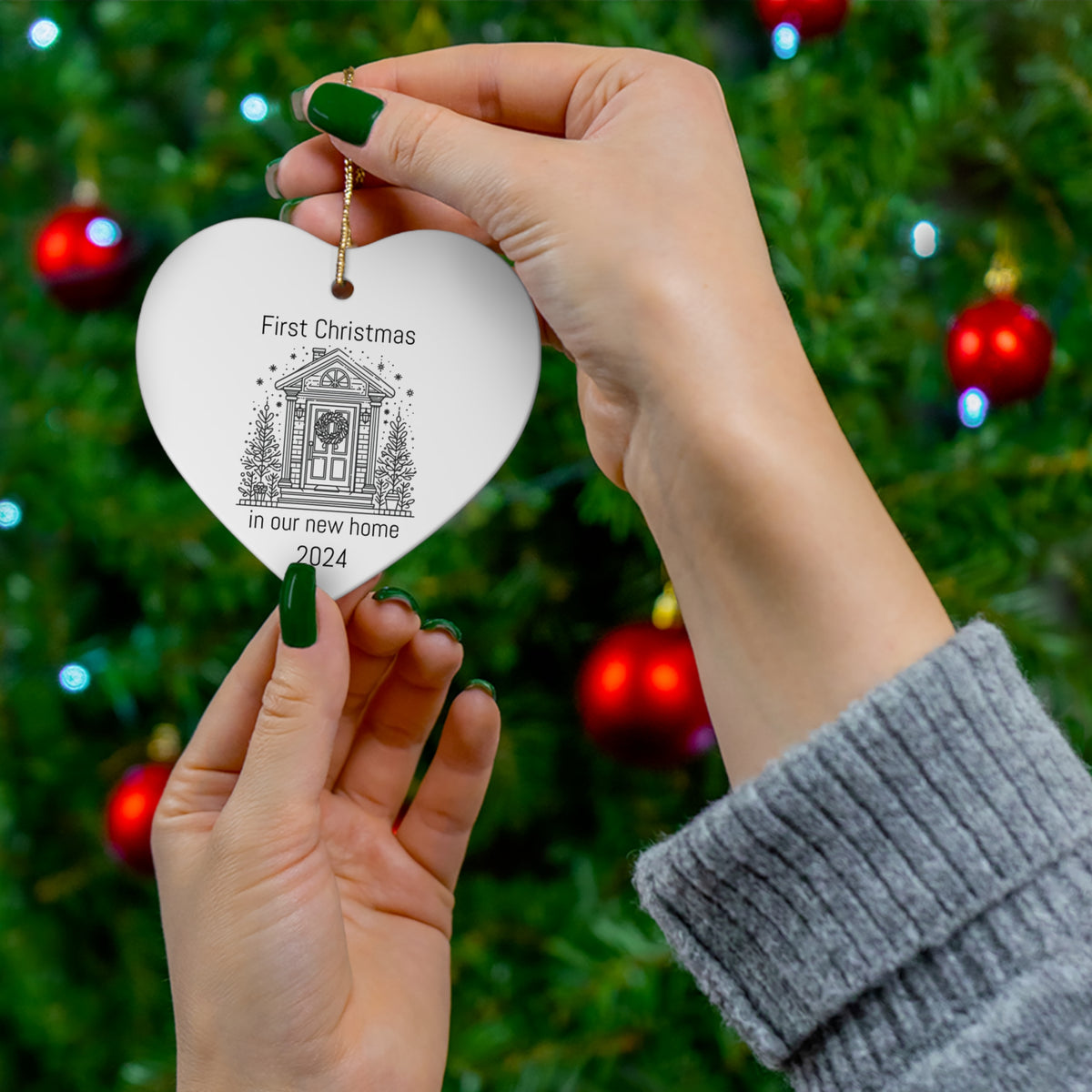 First Christmas in Our New Home 2024 Ceramic Ornament - Heart Shaped Keepsake with Gold String