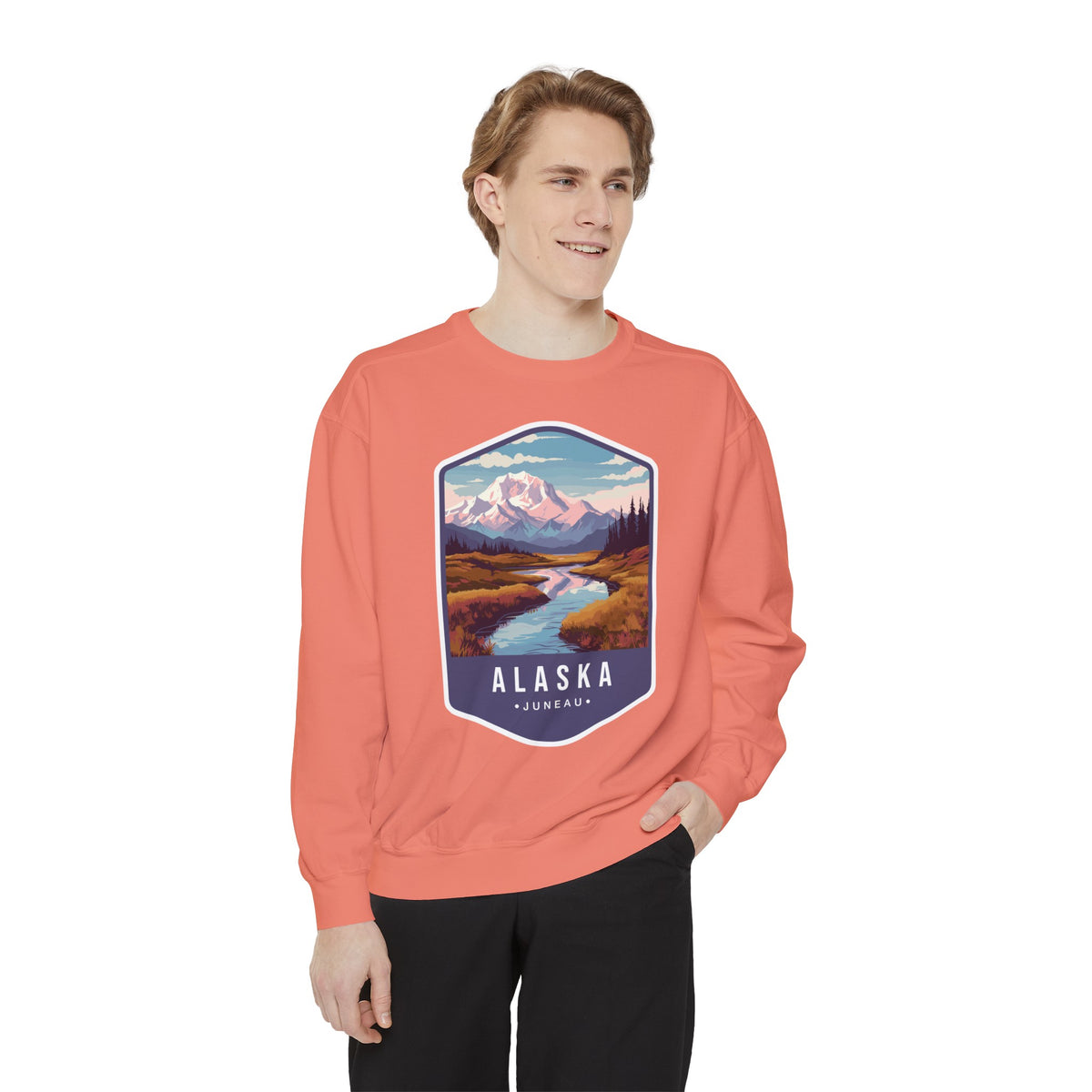 Cozy Alaska Juneau Sweatshirt - Scenic Mountain River Design - Unisex Garment-Dyed Cozy Fleece