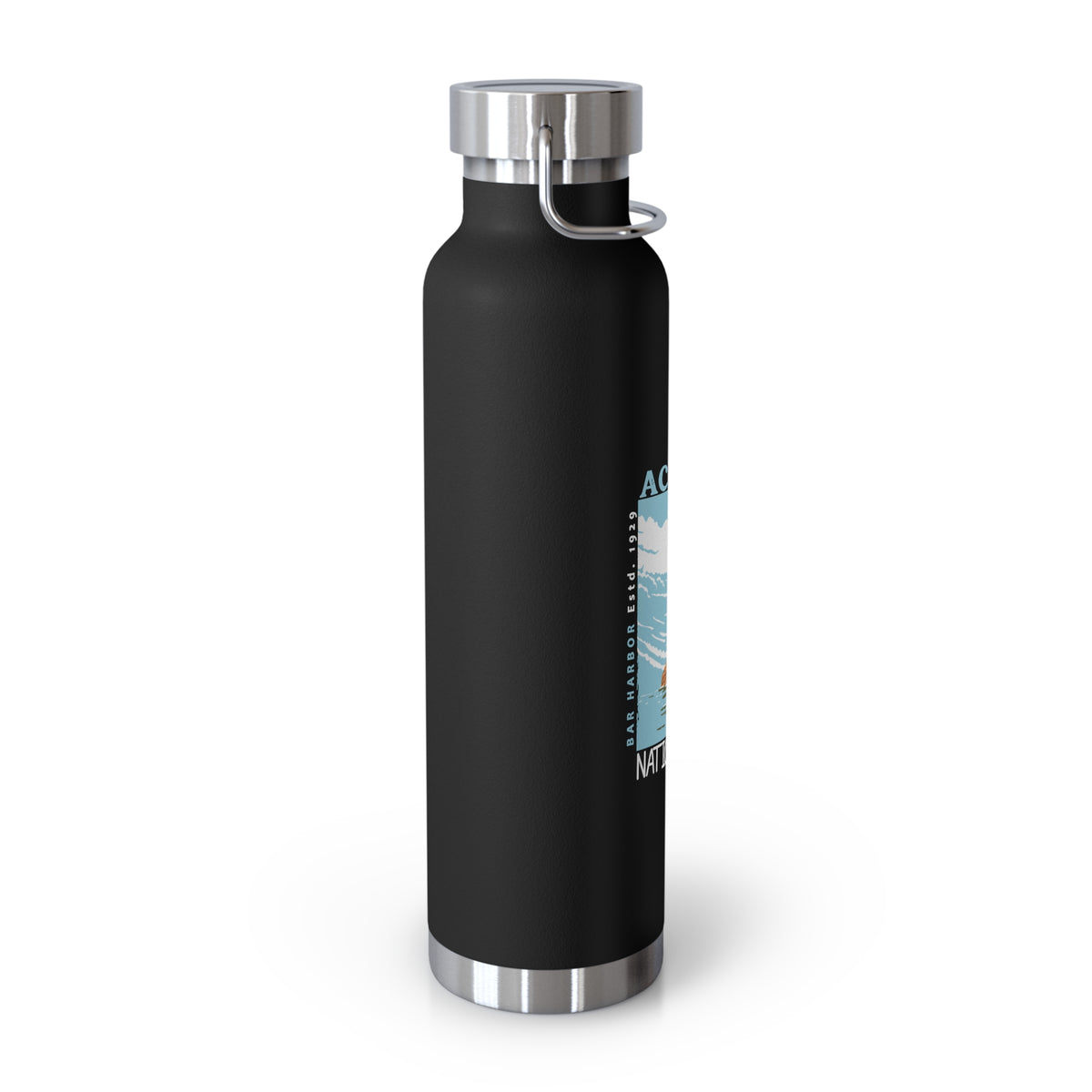 Stainless steel water bottle featuring an Acadia National Park design with a lighthouse and coastal illustration, durable powder-coated finish.