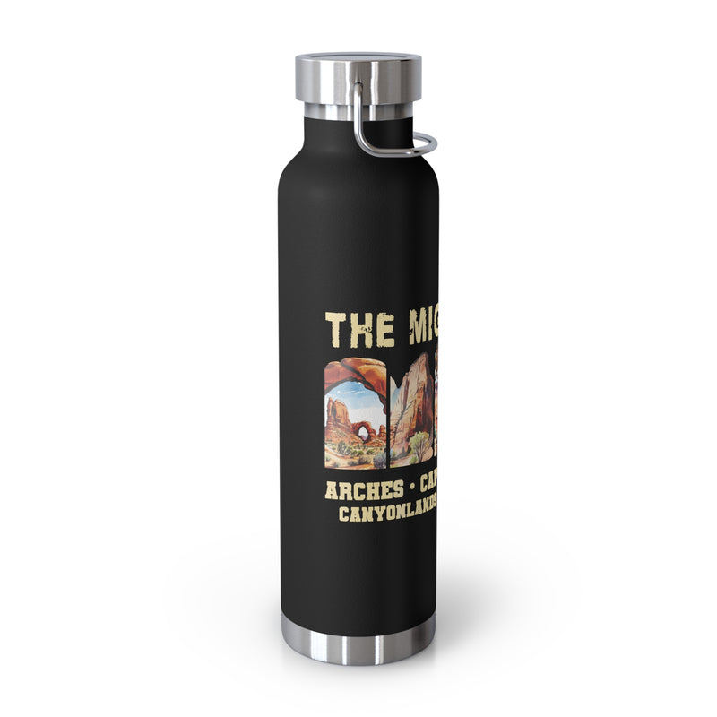 Image of a stainless steel water bottle featuring designs from the Mighty Five National Parks.