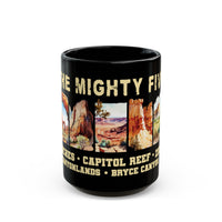 Black ceramic mug featuring a design of The Mighty Five national parks in Utah: Arches, Capitol Reef, Zion, Canyonlands, and Bryce Canyon.