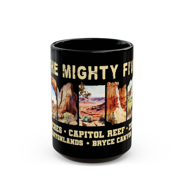 Black ceramic mug featuring a design of The Mighty Five national parks in Utah: Arches, Capitol Reef, Zion, Canyonlands, and Bryce Canyon.