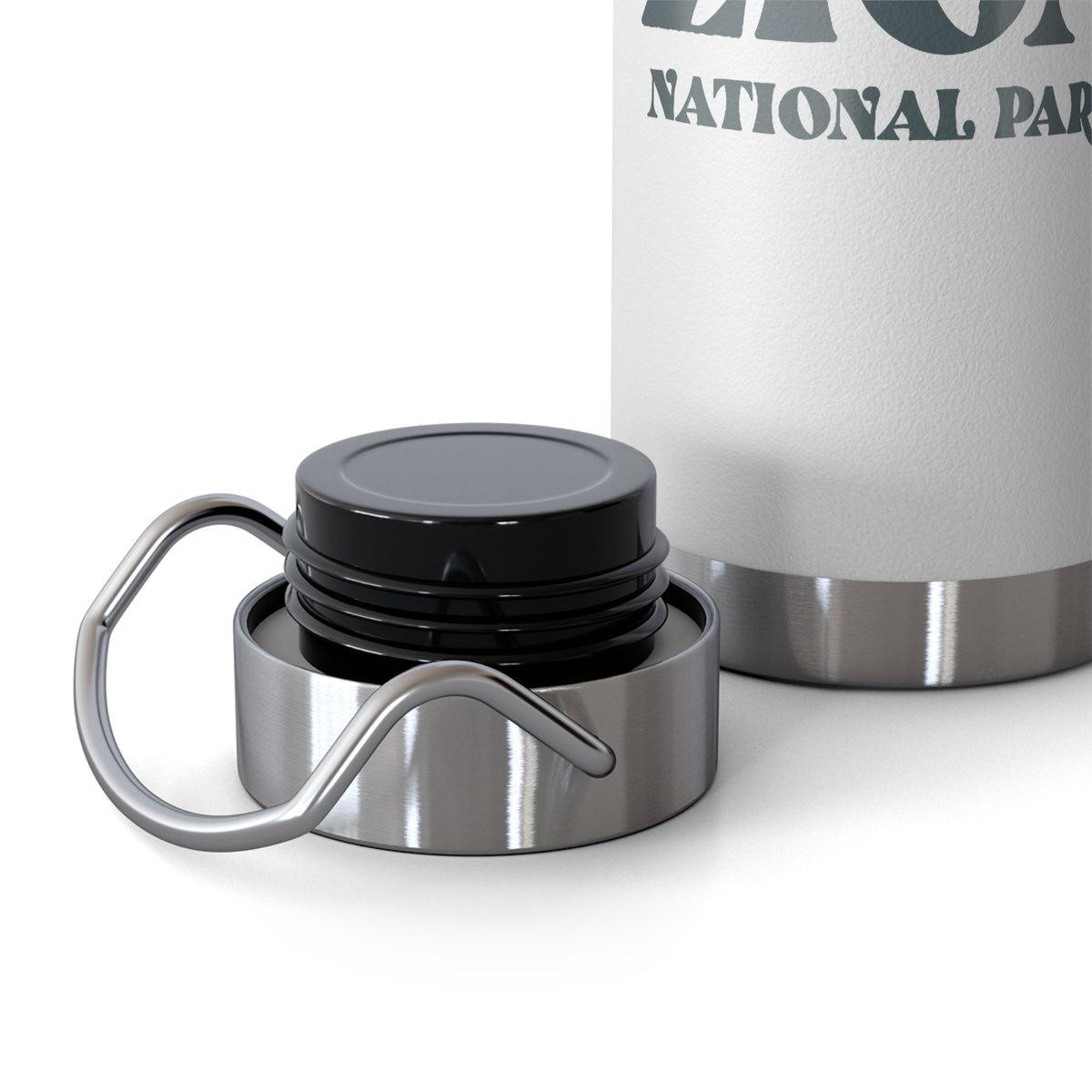 Image of a stainless steel water bottle featuring a design from Zion National Park in Utah.