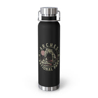 Image of a stainless steel water bottle featuring a design from Arches National Park in Utah.