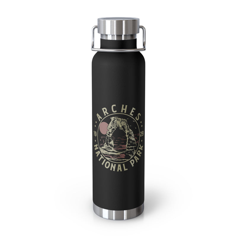 Image of a stainless steel water bottle featuring a design from Arches National Park in Utah.