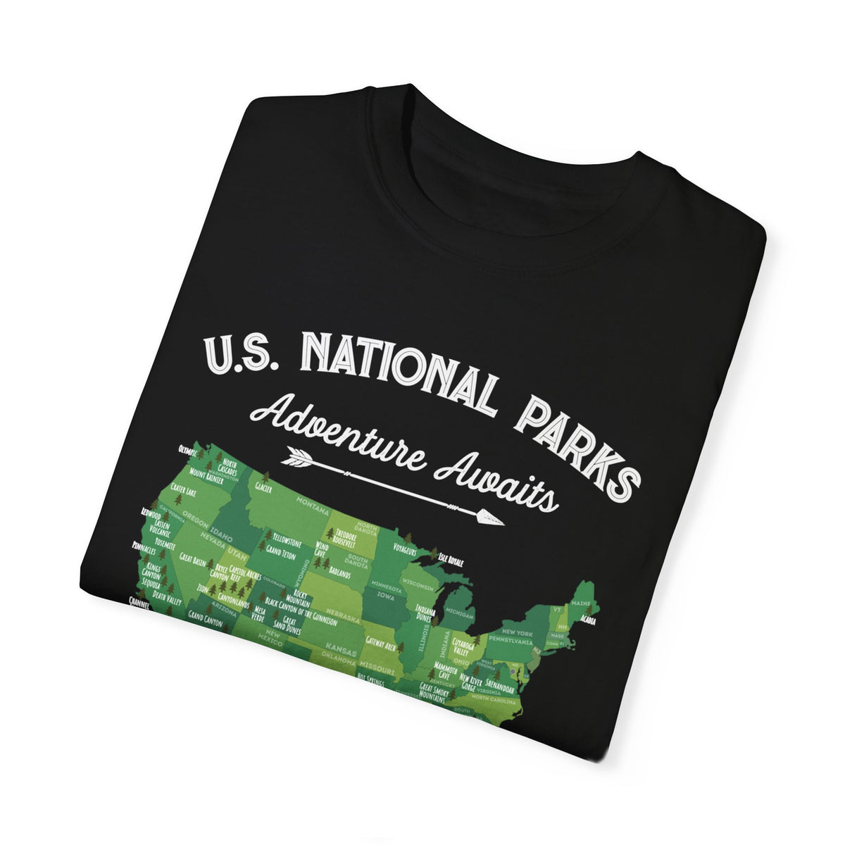 T-shirt featuring a green map of US National Parks with the text "Adventure Awaits."