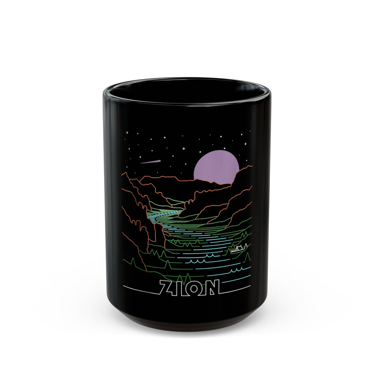 Black ceramic mug featuring a design of Zion National Park with a night sky and river.