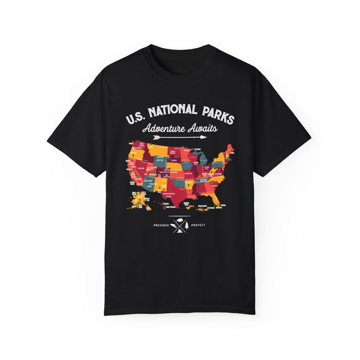 T-shirt featuring a colorful map of US National Parks with the text "Adventure Awaits."