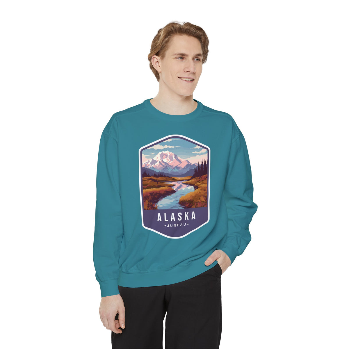 Cozy Alaska Juneau Sweatshirt - Scenic Mountain River Design - Unisex Garment-Dyed Cozy Fleece