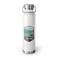 White stainless steel water bottle with a scenic design of Lake Clark National Park.