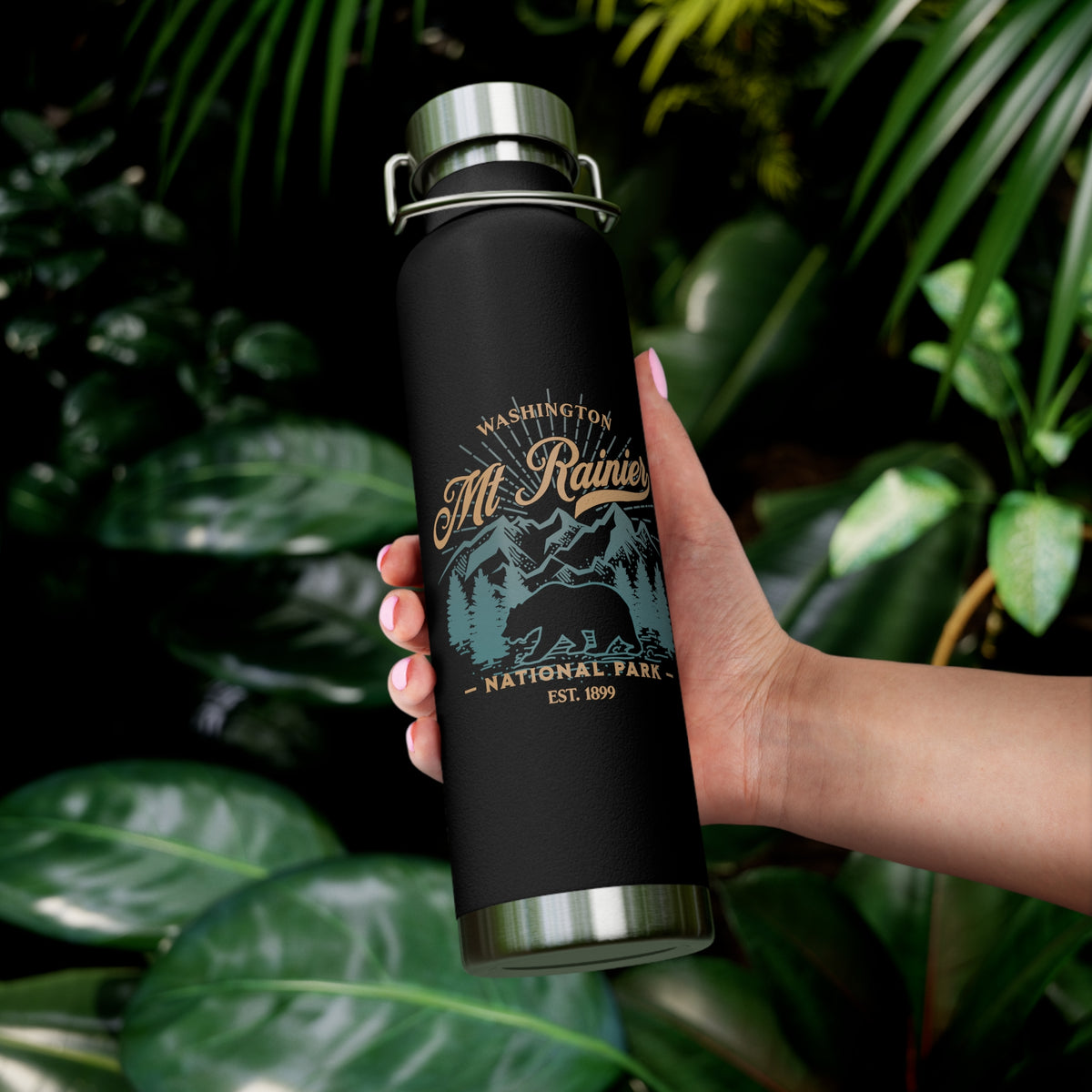 Stainless steel water bottle featuring a Mount Rainier National Park design with a bear and mountain illustration, durable powder-coated finish.