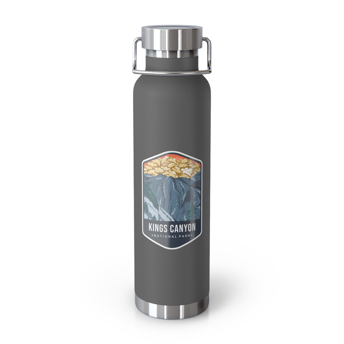 Grey stainless steel water bottle with a scenic design of Kings Canyon National Park.