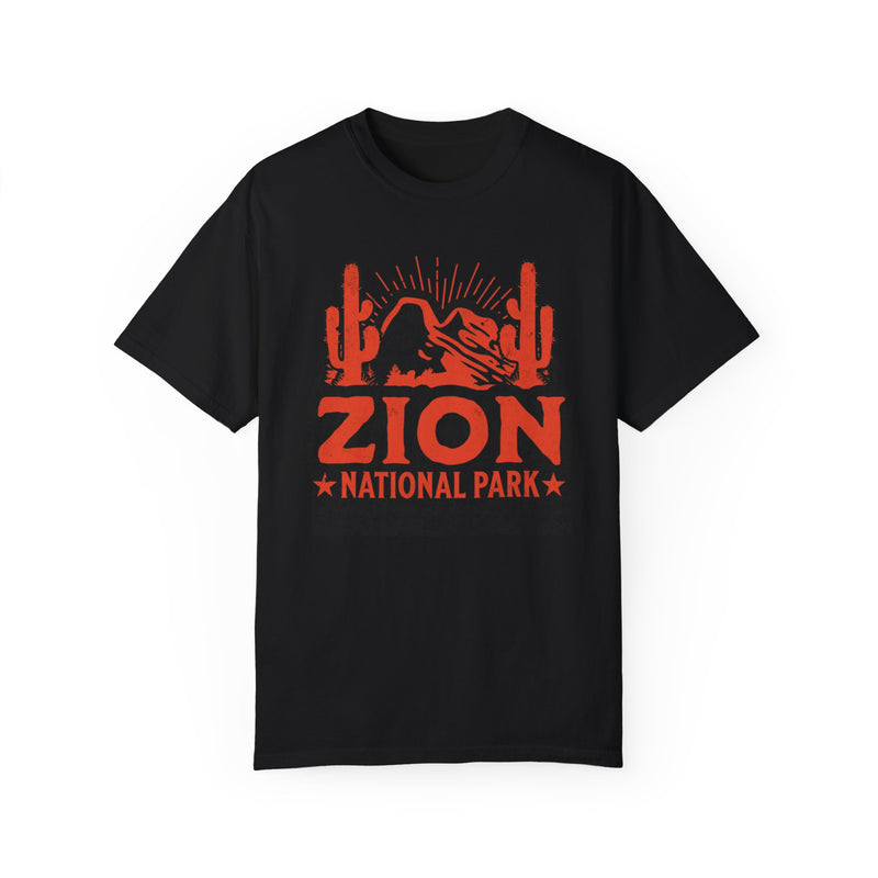 T-shirt featuring a cactus and mountain design for Zion National Park.