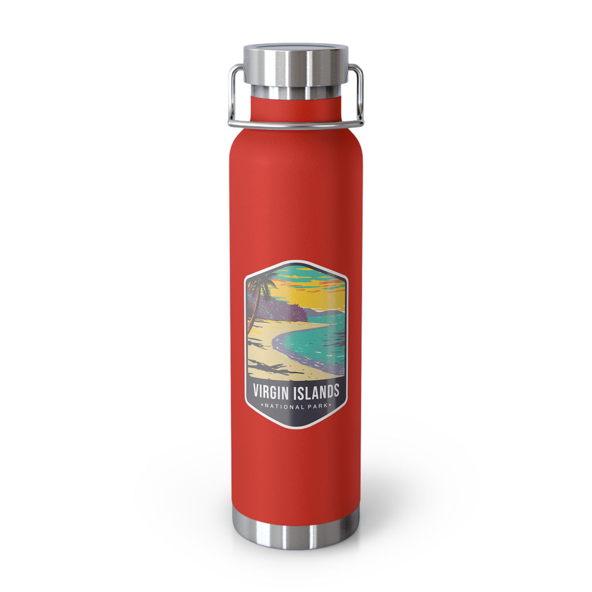 Red stainless steel water bottle featuring a design of Virgin Islands National Park with a beach and palm trees.