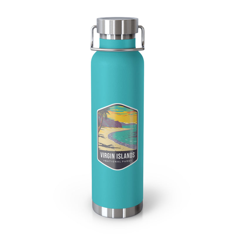 Mint Green stainless steel water bottle featuring a design of Virgin Islands National Park with a beach and palm trees.