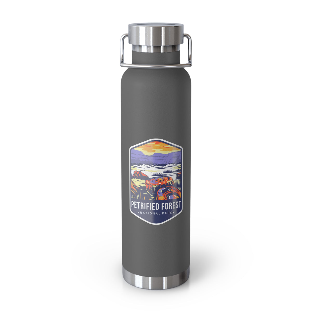 Grey stainless steel water bottle featuring a colorful design of Petrified Forest National Park with scenic landscapes.