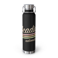 Stainless steel water bottle featuring an Acadia National Park design with retro stripes and durable powder-coated finish.