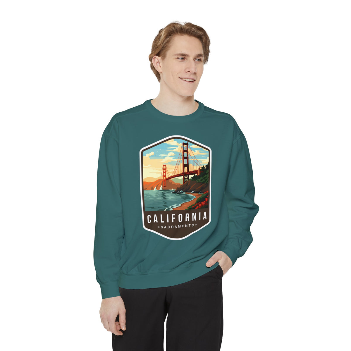 California Sweatshirt - Golden Gate Bridge Design - San Francisco Scenic Apparel - Unisex Garment-Dyed Cozy Fleece