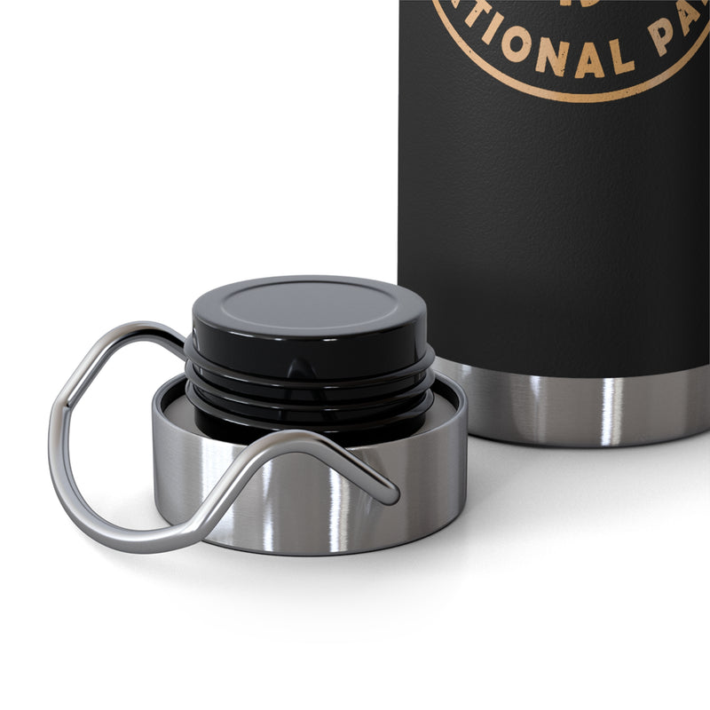 Grand Canyon National Park souvenir water bottle featuring a buffalo emblem design and stainless steel construction.