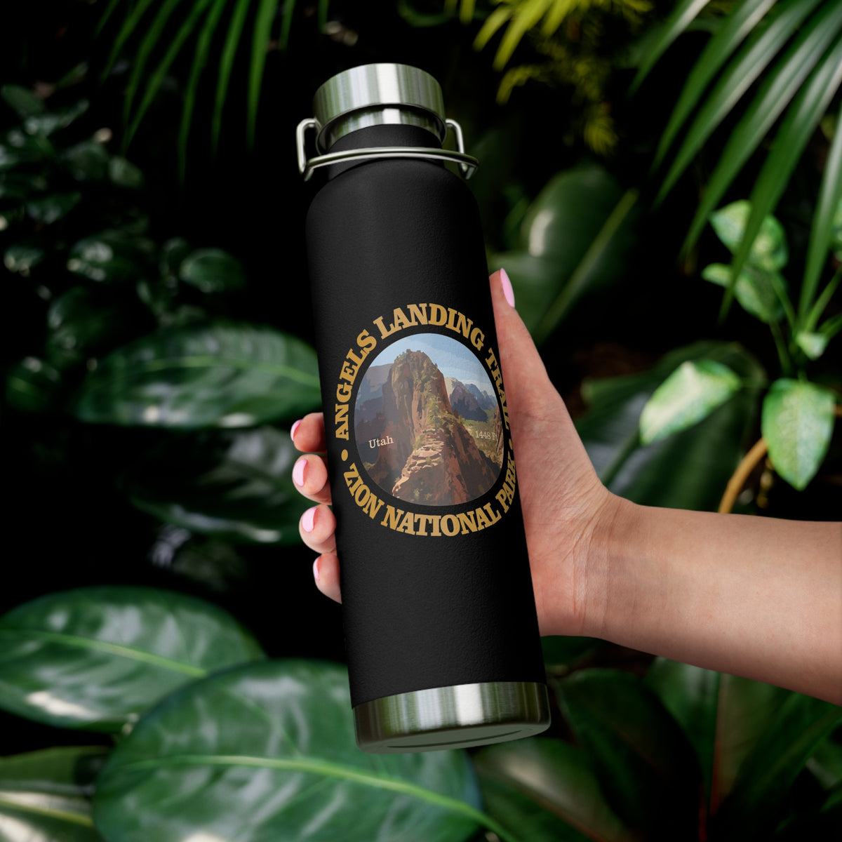 Image of a stainless steel water bottle featuring a design from Angels Landing Trail in Zion National Park, Utah.