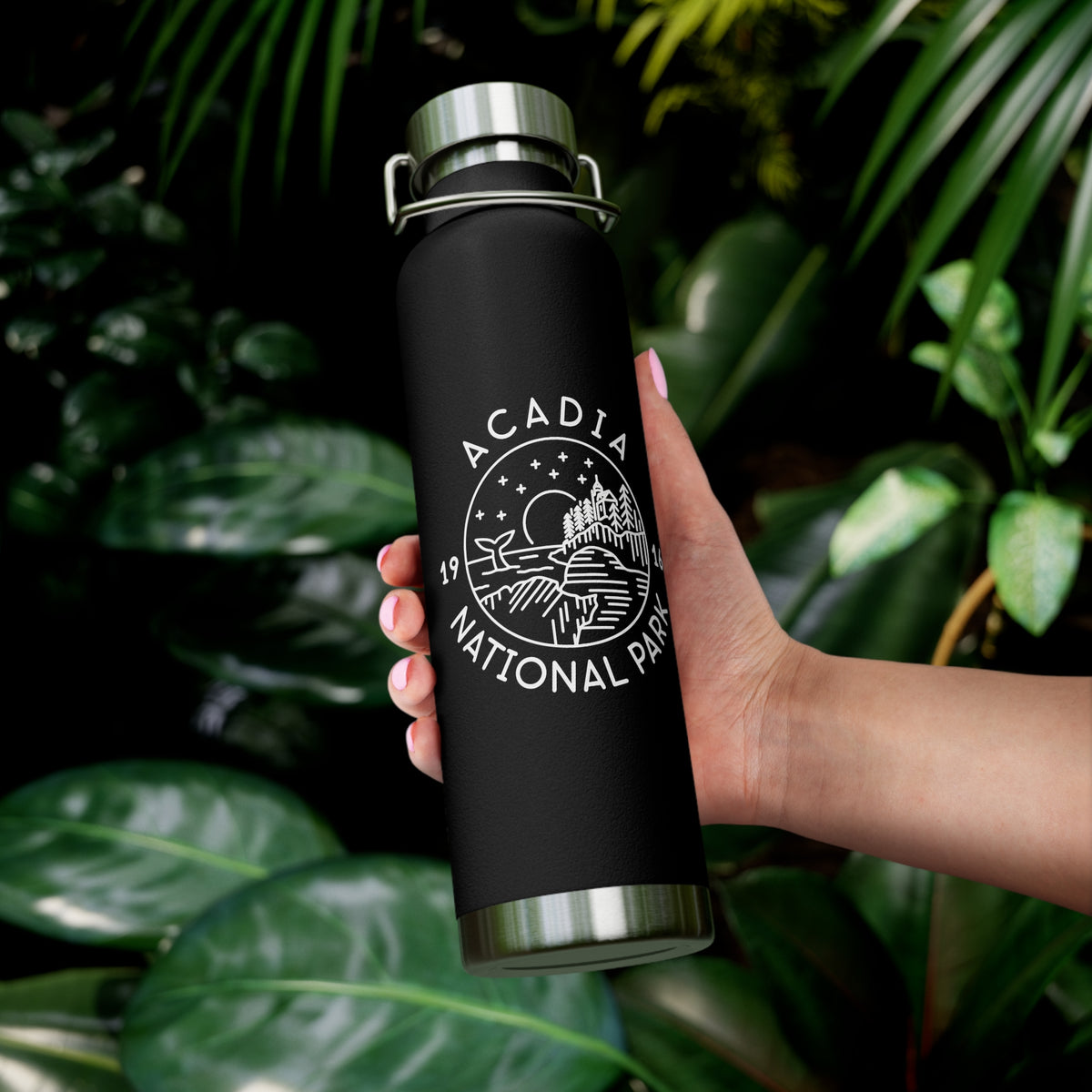 Stainless steel water bottle featuring an Acadia National Park design with a scenic lighthouse illustration, durable powder-coated finish.