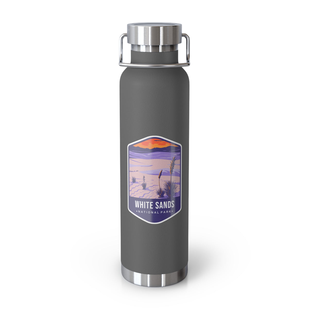 Grey stainless steel water bottle featuring a design of White Sands National Park with desert and sunset scenery.