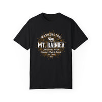 T-shirt featuring Mt. Rainier National Park design with fireworks, located in Washington.