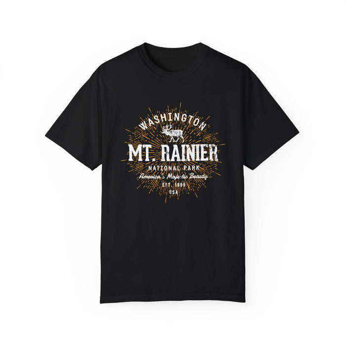 T-shirt featuring Mt. Rainier National Park design with fireworks, located in Washington.