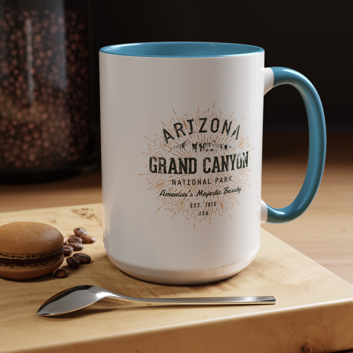 Grand Canyon National Park souvenir mug with a retro Arizona design and text.