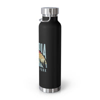 Stainless steel water bottle featuring an Acadia National Park design with a mountain and sunset illustration, durable powder-coated finish.