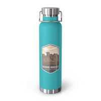 Mint Green stainless steel water bottle featuring a design of Theodore Roosevelt National Park with scenic rock formations.