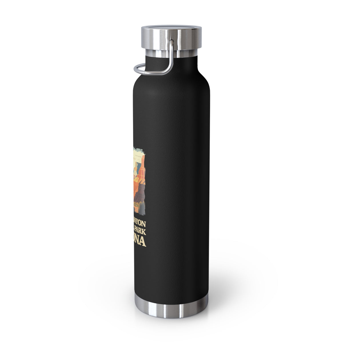 Grand Canyon National Park souvenir water bottle featuring a scenic design of the canyon and Arizona landscape, stainless steel construction.