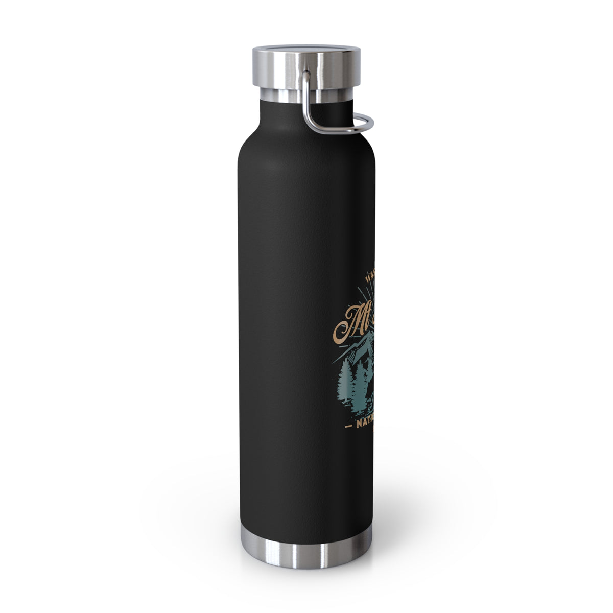 Stainless steel water bottle featuring a Mount Rainier National Park design with a bear and mountain illustration, durable powder-coated finish.