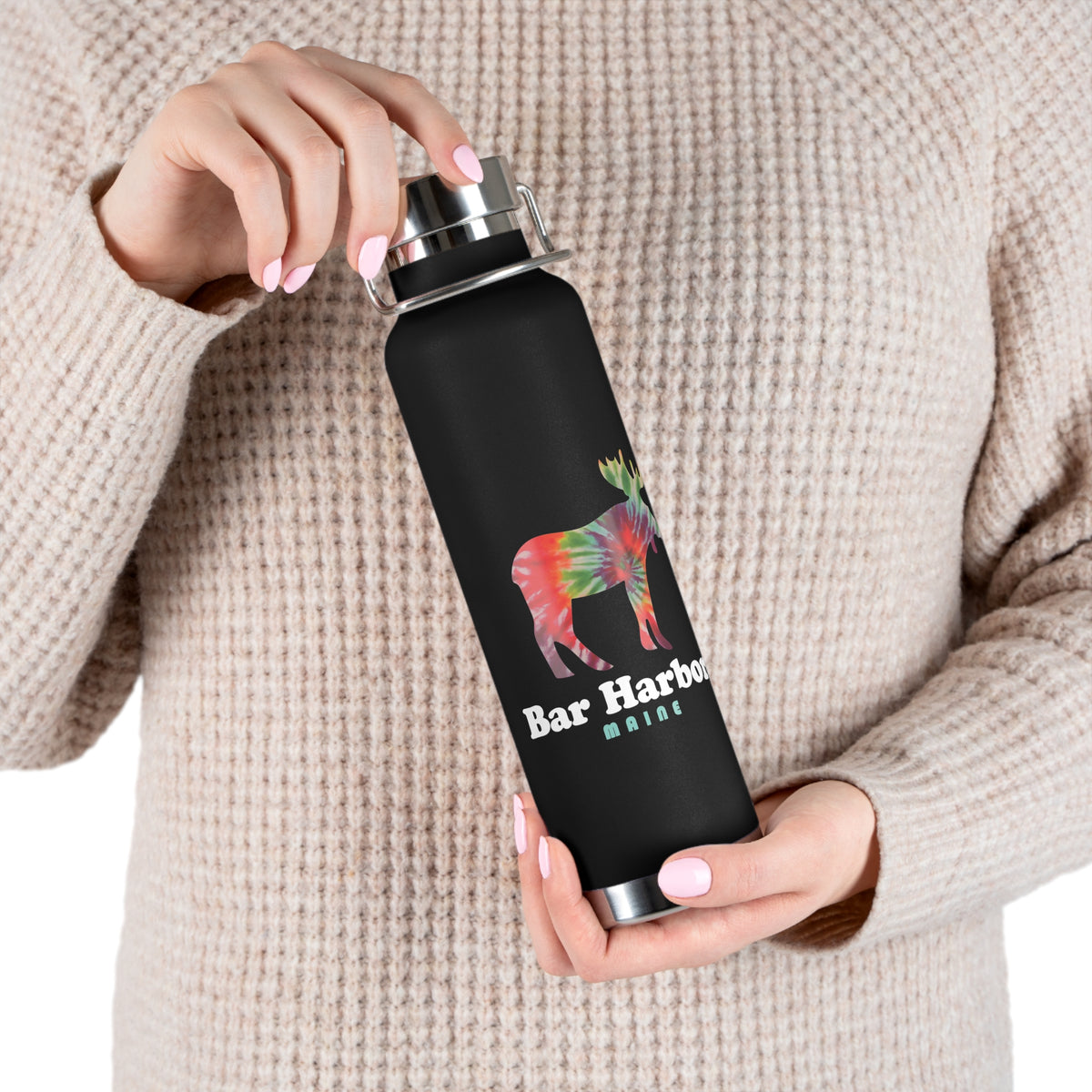 Stainless steel water bottle featuring a Bar Harbor, Maine design with a tie-dye moose illustration, durable powder-coated finish.