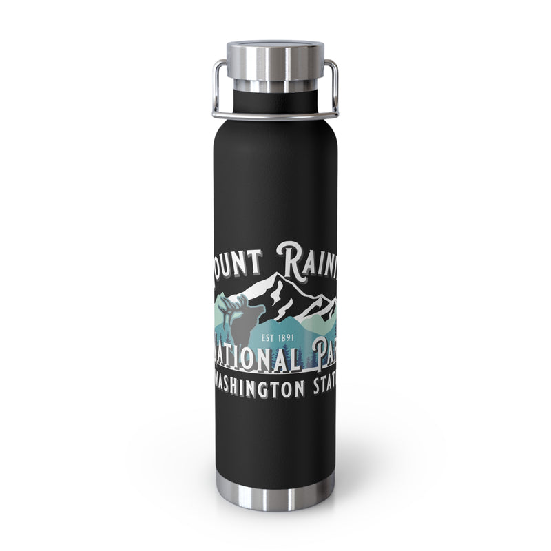 Stainless steel water bottle featuring a Mount Rainier National Park design with an elk and mountain illustration, durable powder-coated finish.